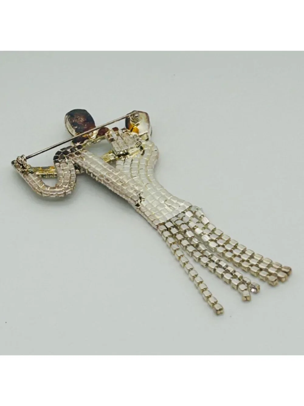 Art Deco Style Ballroom Dancers Rhinestone Brooch Fringe Pin Vintage Statement